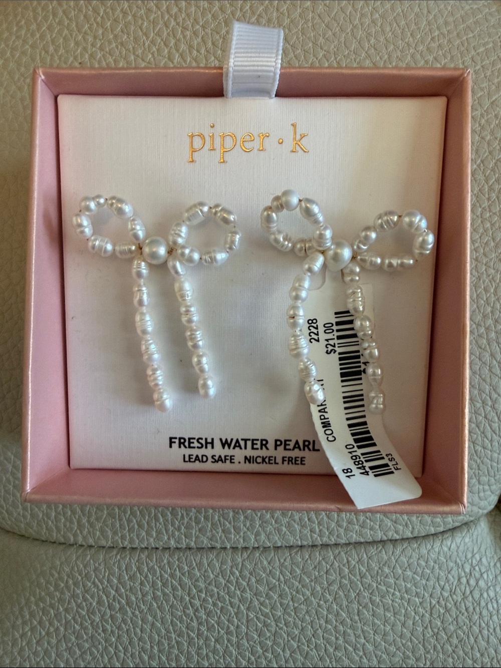 Piper K Pearl Bow Drop Earrings in White